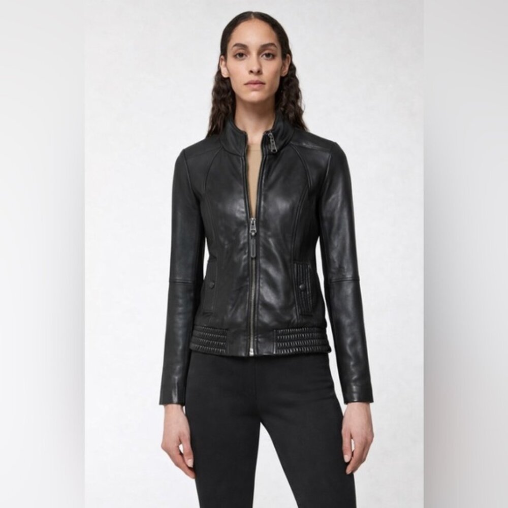 MACKAGE for Aritzia supple Lamb leather black bomber jacket mock neck hood XXS